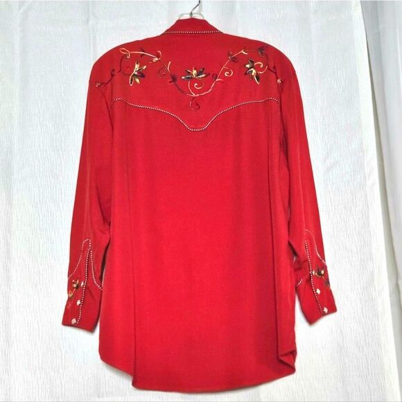 ABS California Red Colorful Embroidery Pearl Snap Buttons Western Rodeo Blouse - Picture 5 of 15